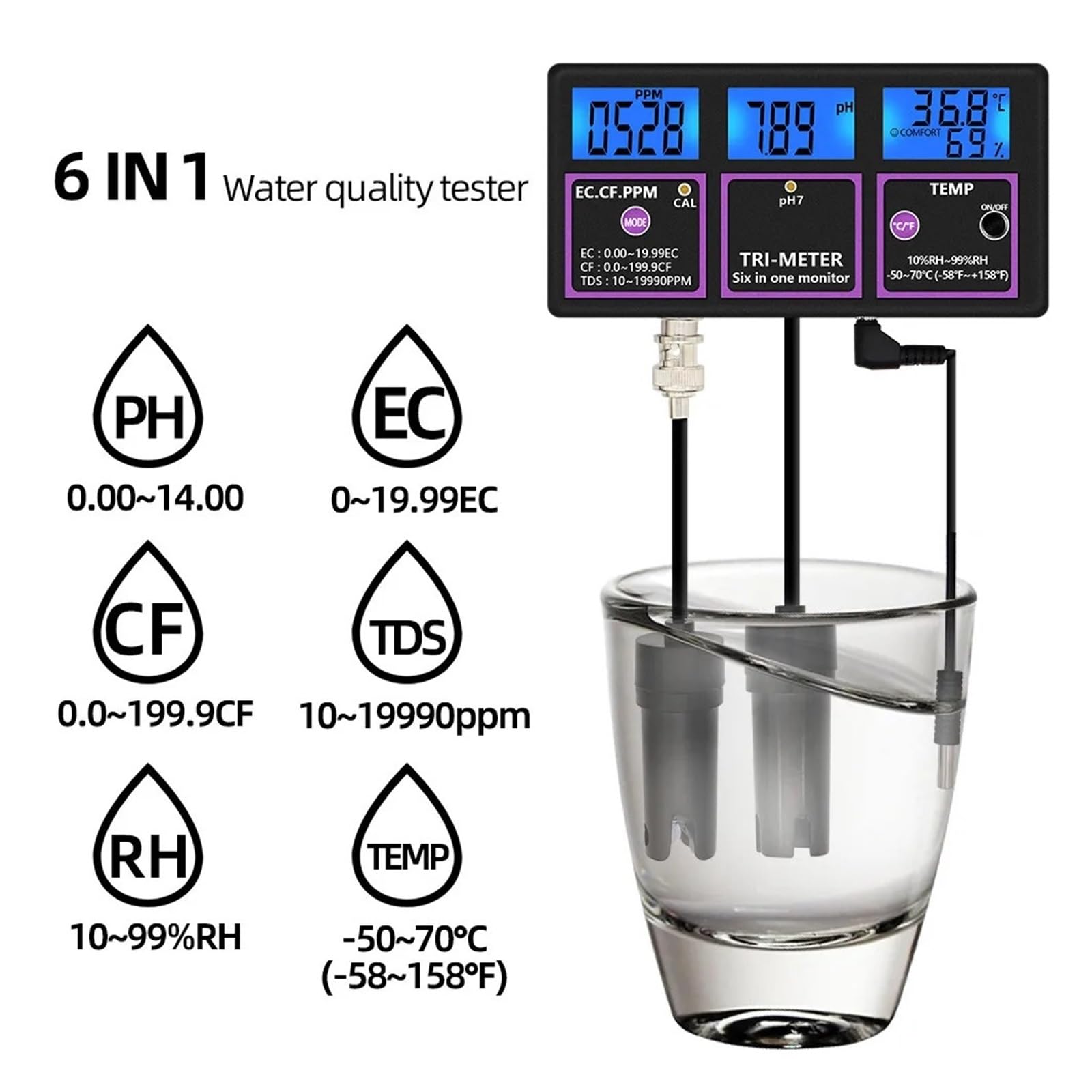 6 W 1 Profesjonalny Monitor Jakości Wody, Detektor PH/TEMP/EC/CF/RH/TDS, Wyświetlacz Cyfrowy, Wielofunkcyjny Analizator