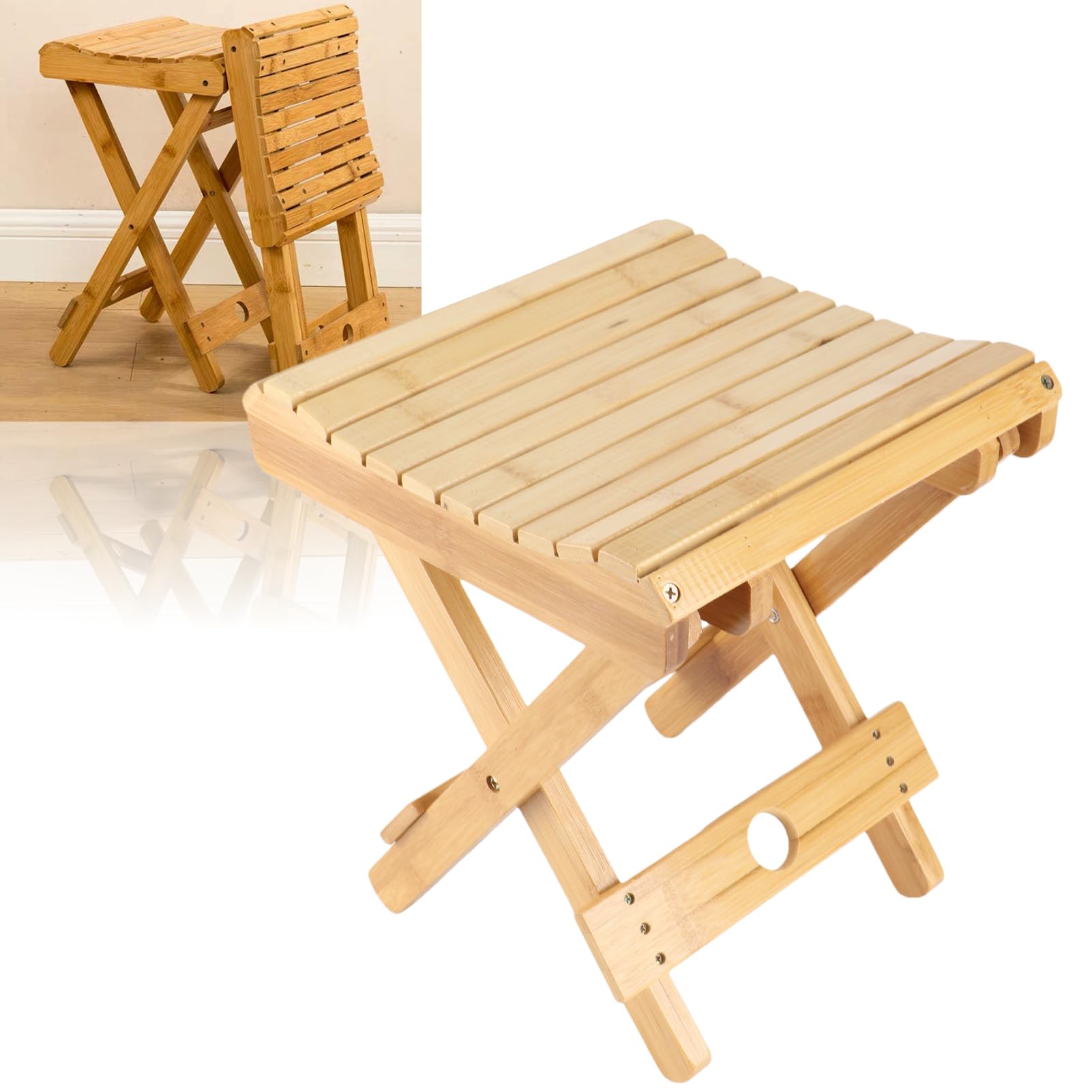 Tissting Taburete Plegable de Madera, Asiento de Ducha Portátil Plegable con Diseño Triangular Sólido, Reposapiés para Afeitado, Jardín, Baño, Balcón y SPA, Fácil de Almacenar