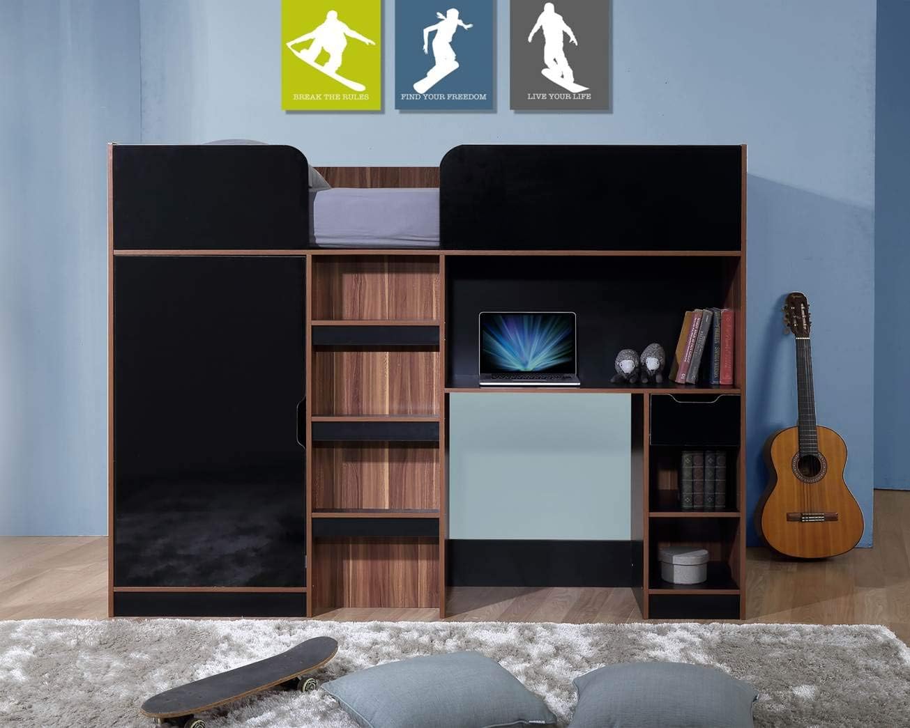 Vienna Kids High Sleeper Bed, Happy Beds High Gloss Black Walnut Multicolour Wood Modern Desk Wardrobe Drawer Storage Loft Bunk - 3ft Single (90 x 190 cm) Frame Only