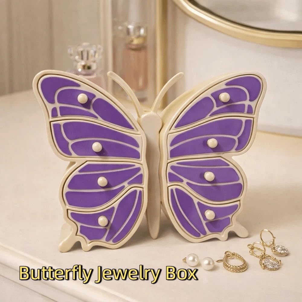 Joyero con capacidad de mariposa, caja de joyería decorativa, cofre del tesoro en forma de mariposa (morado)
