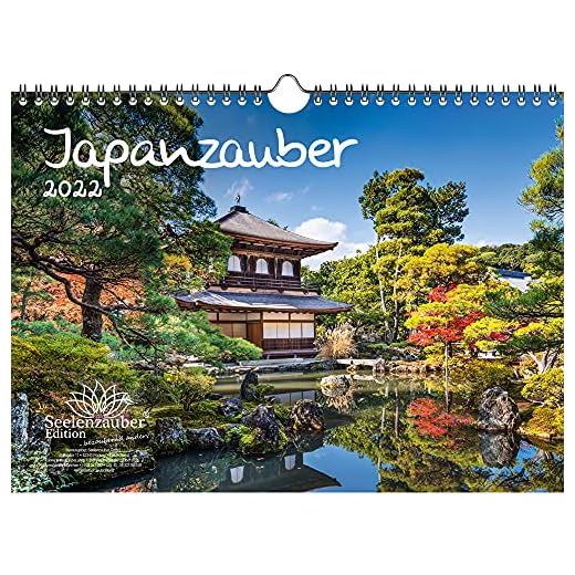 Japansk magi DIN A4 kalender för 2022 Japan stad och land – presentset innehåll: 1 x kalender, 1 x jul- och 1 x gratulationskort (totalt 3 stycken)