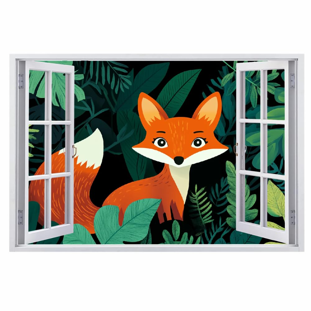 Decalcomanie da muro Art 3D Fracassato Cartone Animato Di Volpe Adesivi murali removibili Pianta Verde Carta da parati Camera da letto autoadesivo per ragazze Camera da letto Nursery Home Decor Gift