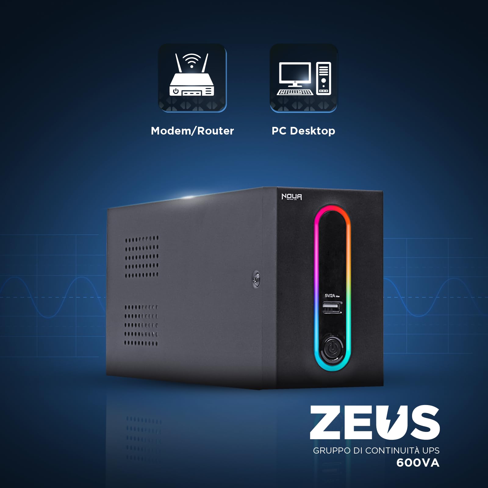 Noua Zeus 600VA RGB zasilacz awaryjny do komputera PC UPS Line Interactive 600 VA / 360 W, AVR, 2 wyjścia Schuko, port ładowania USB 5 V/2 A