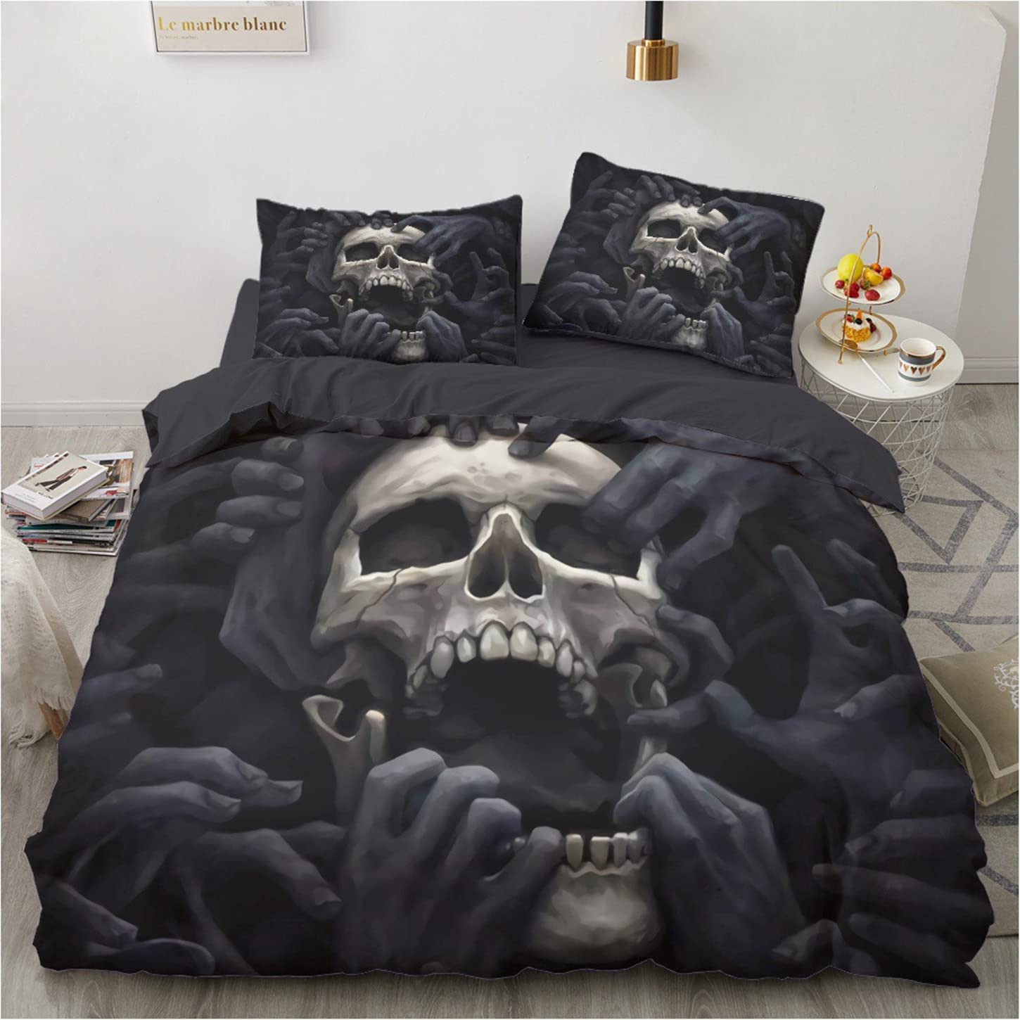 Nero Grigio Cranio Copripiumino 2/3 Pezzi Set de Biancheria da Letto Set Rose Dragon Dead Skull Pattern Uomo Stile Gotico Copripiumini e Federa in Microfibra (Colore 3,220x240 cm