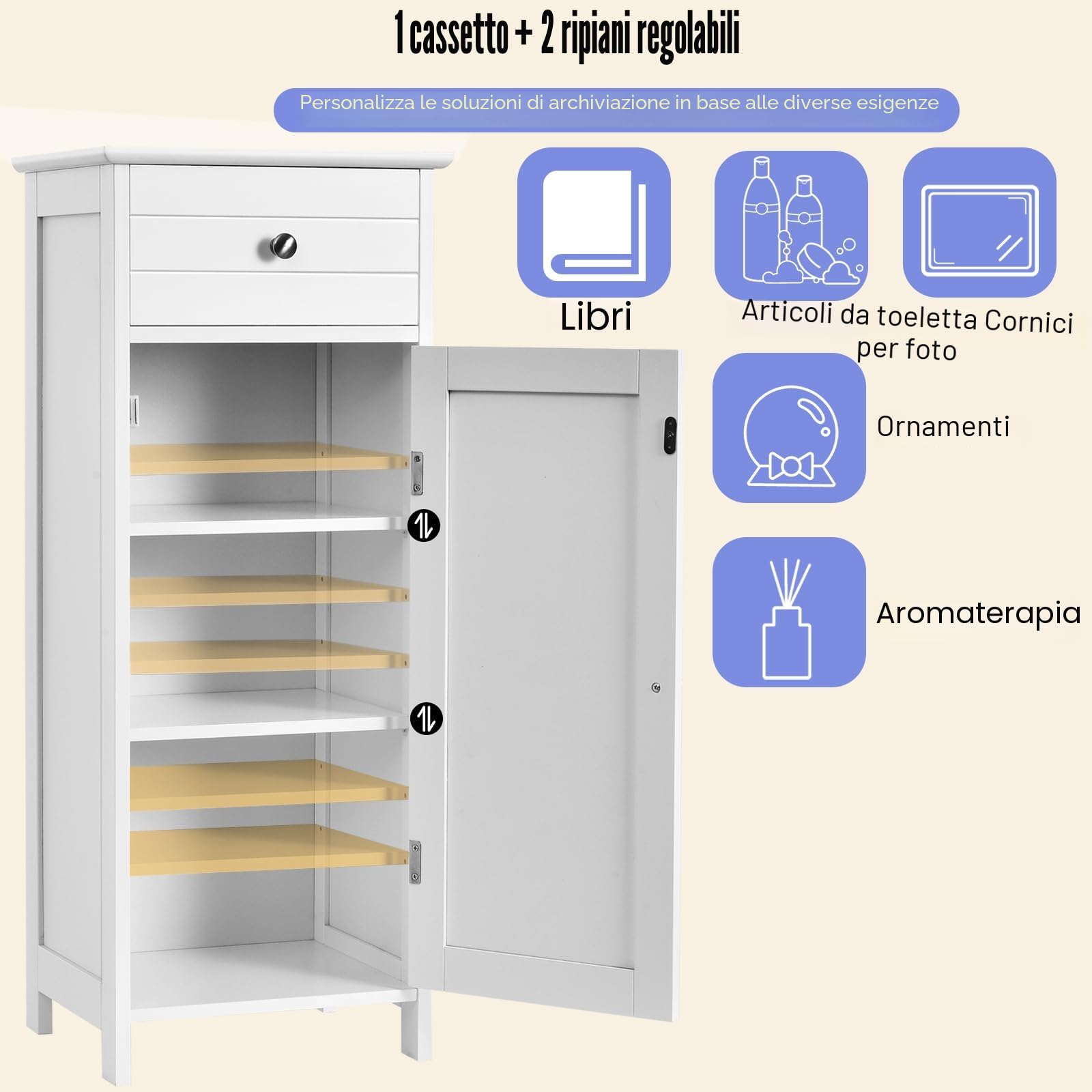 LIFEZEAL Mobiletto Bagno Salvaspazio, Mobiletto Multiuso in Legno 35,5 x 30,5 x 88cm, Mobile Bagno con Cassetto e 1 Porta, Armadietto da Terra con Ripiani Regolabile per Cucina e Soggiorno, Bianco
