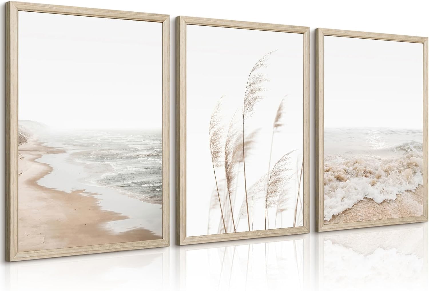 lianyibo Płótno plażowe sztuka boho wydruki przybrzeżne obrazy plażowe Pampas trawa plakat oceaniczny, roślina do salonu dekoracja sypialni (20 x 30 cm x 3/wewnętrzna ramka)