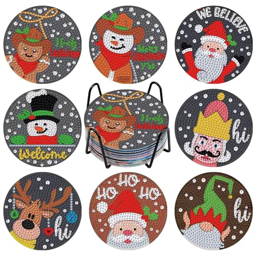 GHHKUD 8 Pcs Christmas Diamond Art Coasters with Holder Cork Pad DIY Diamond Painting Coasters Winter Theme Kits for Adults Table Decoration Gifts for Home