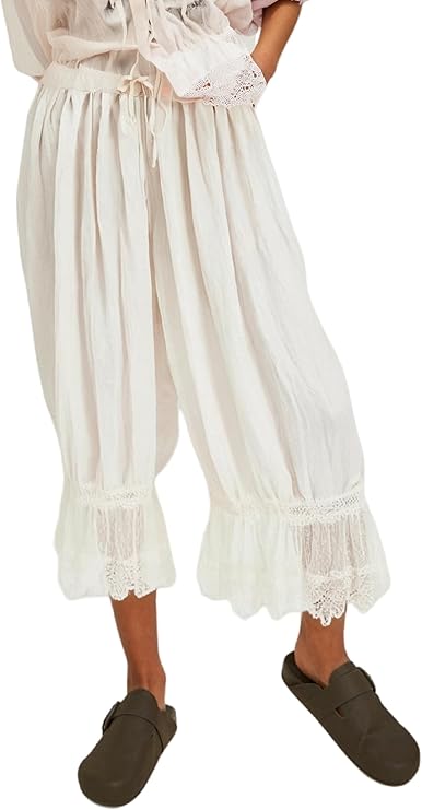 NUFIWI Women Ruffle Long Bloomer Y2k Lace Trim Pettipants Pantaloons Mid Rise Cropped Pajama Pants Under Dress Slips