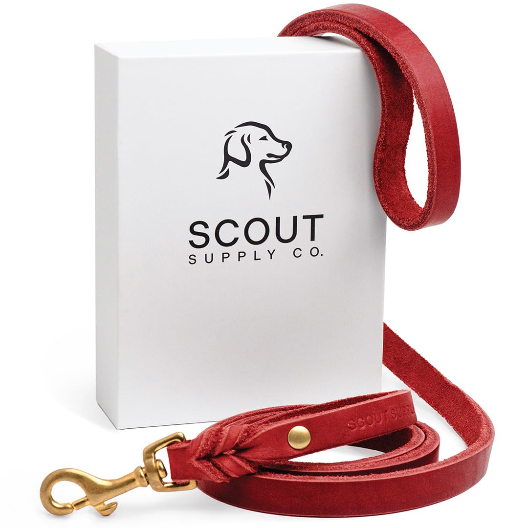 Scout Supply Classic Leather Dog Leash | Strong Heavy Duty Thick Full Grain Leather | Waterproof & Rust-Proof Brass Hardware (Red, L: 4.5 ft x 2/3 in)