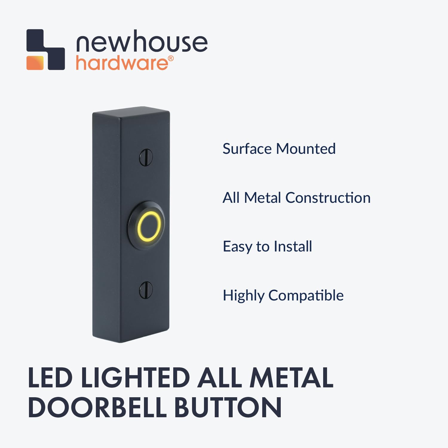 Newhouse Hardware BT6BL - Botón rectangular de metal iluminado con cable para timbre de puerta, timbre o timbre, solo botón de timbre de puerta, botón de timbre con luz LED