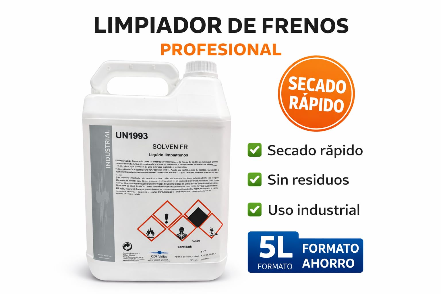 SOLVEN FR Limpiador de Frenos Profesional 5L – Desengrasante Industrial para Pastillas y Discos – Secado Rápido sin Residuos – Uso Automoción y Taller
