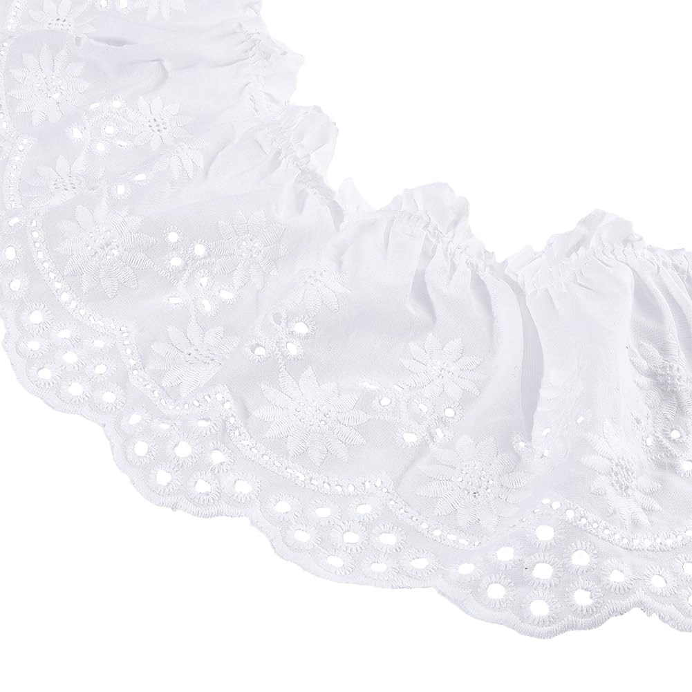 CRAFTYMELODY 2 Yards White Cotton Ruffle Trim 5.1 Inch Wide Eyelet Lace Ribbon Lace Trim Floral Embroidery Ruffle Trims for Sewing Wedding Bridal Dress Clothes Bag Blanks Home Decoration