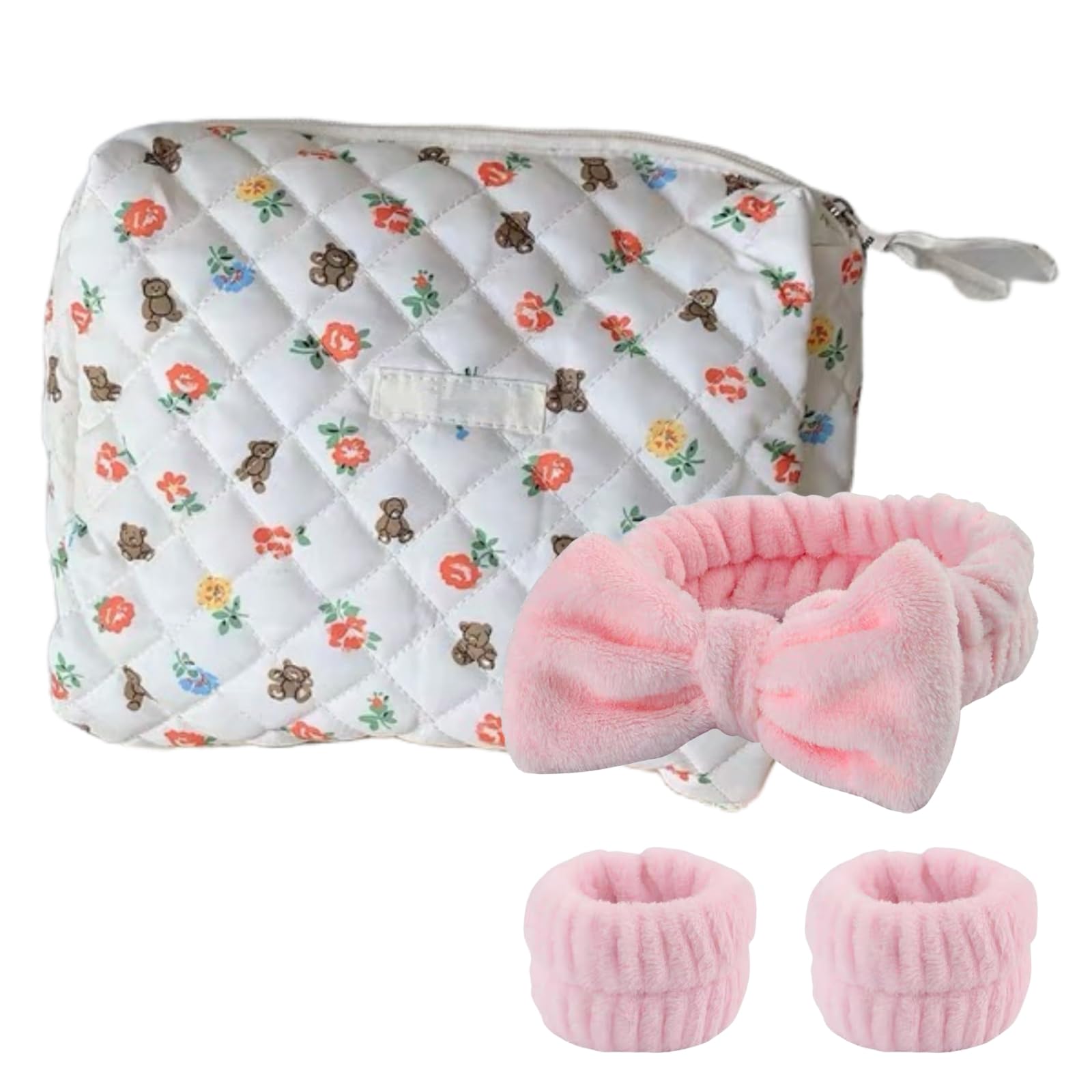 YOOLOVE 2Pcs Makeup Bag Gift for Girls Women, Large Quilted Cosmetic Bags, Cute Puffer Travel Toiletry Pouch Purse for Brush Organizer (Quilted-bear)