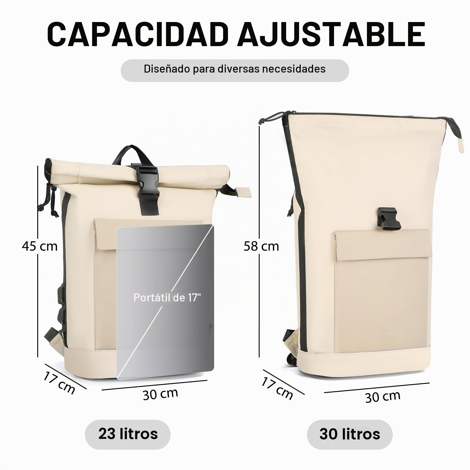Lekeinchi Mochila Enrollable Hombre & Mujer - Rolltop Extensible Mochila Portátil 17" Impermeable Mochila Ordenador Casual Bolso para Viaje, Uni, Trabajo, 18-25L, Beige