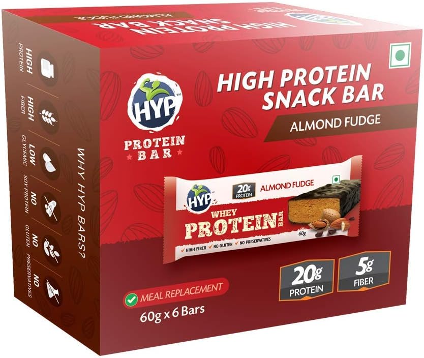 HYP Meal Replacement Whey Protein Bar Pack of 6 (60g x 6) Almond Fudge