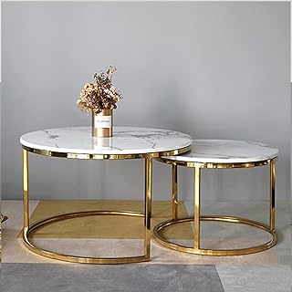 Wttfc Tavolini da Salotto Impilabili Set da 2, Tavolini sovrapponibili in Marmo e Metallo, Tavolini da caffè Rotondi, Tavolini a Incastro Stile Moderno, Dorato, 80x80x45cm(Grande)/60x60x40cm(Piccolo)
