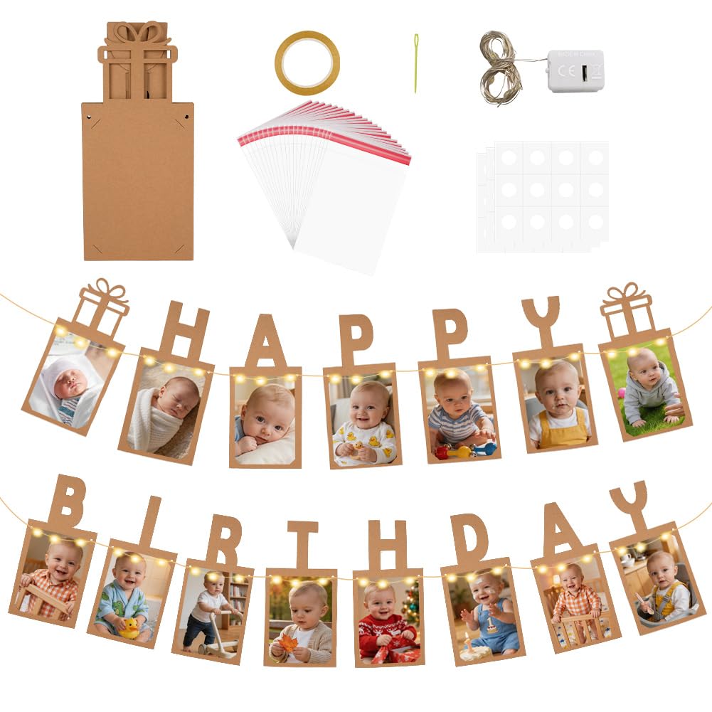 Vicloon Happy Birthday Photo Banner, Birthday Photo Banner Garland with LED Fairy Lights and 15 Cards for Photos, Plastic Pin and a 5M Rope, OPP Bags, Birthdays Decorations for Boys Girls and Party