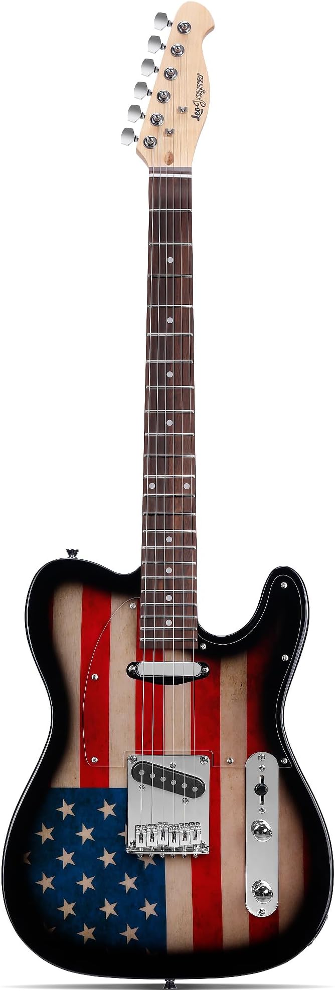 Leo Jaymz TL Style Electric Guitar with US Flag Design - High Gloss Mahogany Body and Hard Maple Neck - High Transparent Acrylic Pickguard (US Flag)