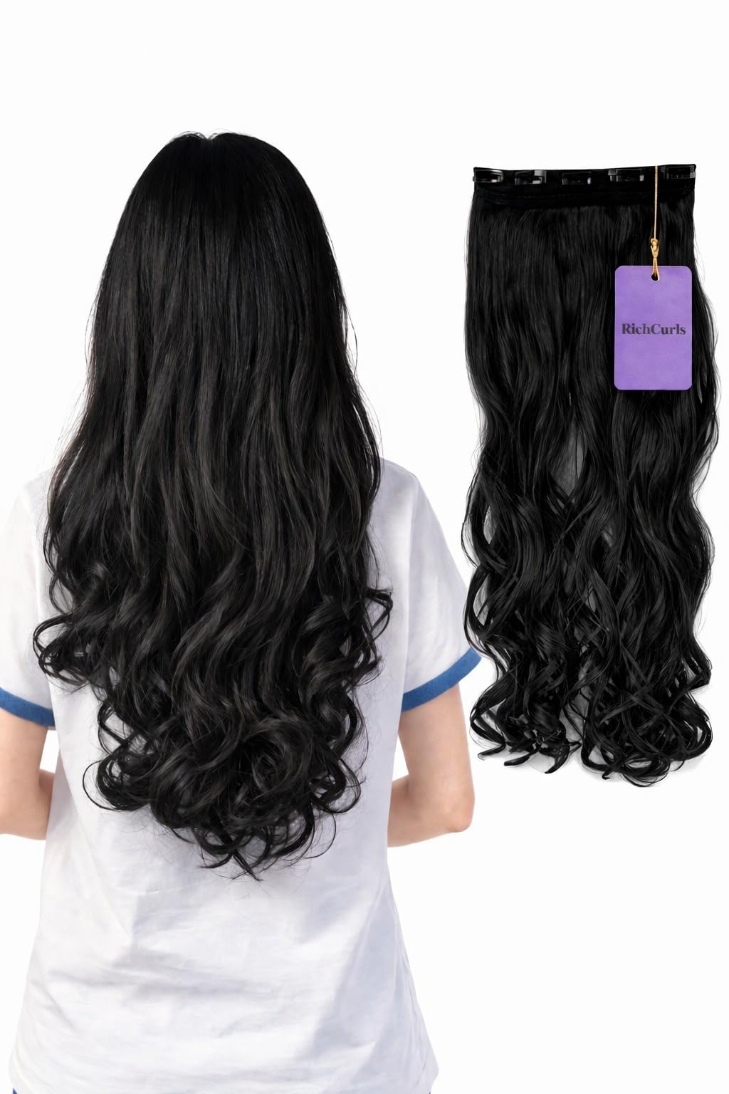 RichCurls Curly Hair Extensions for Women Dark Brown, Wavy Synthetic Clip In Hair Extensions, Soft Lightweight Hairpiece with 5 Clips, Easy Wear