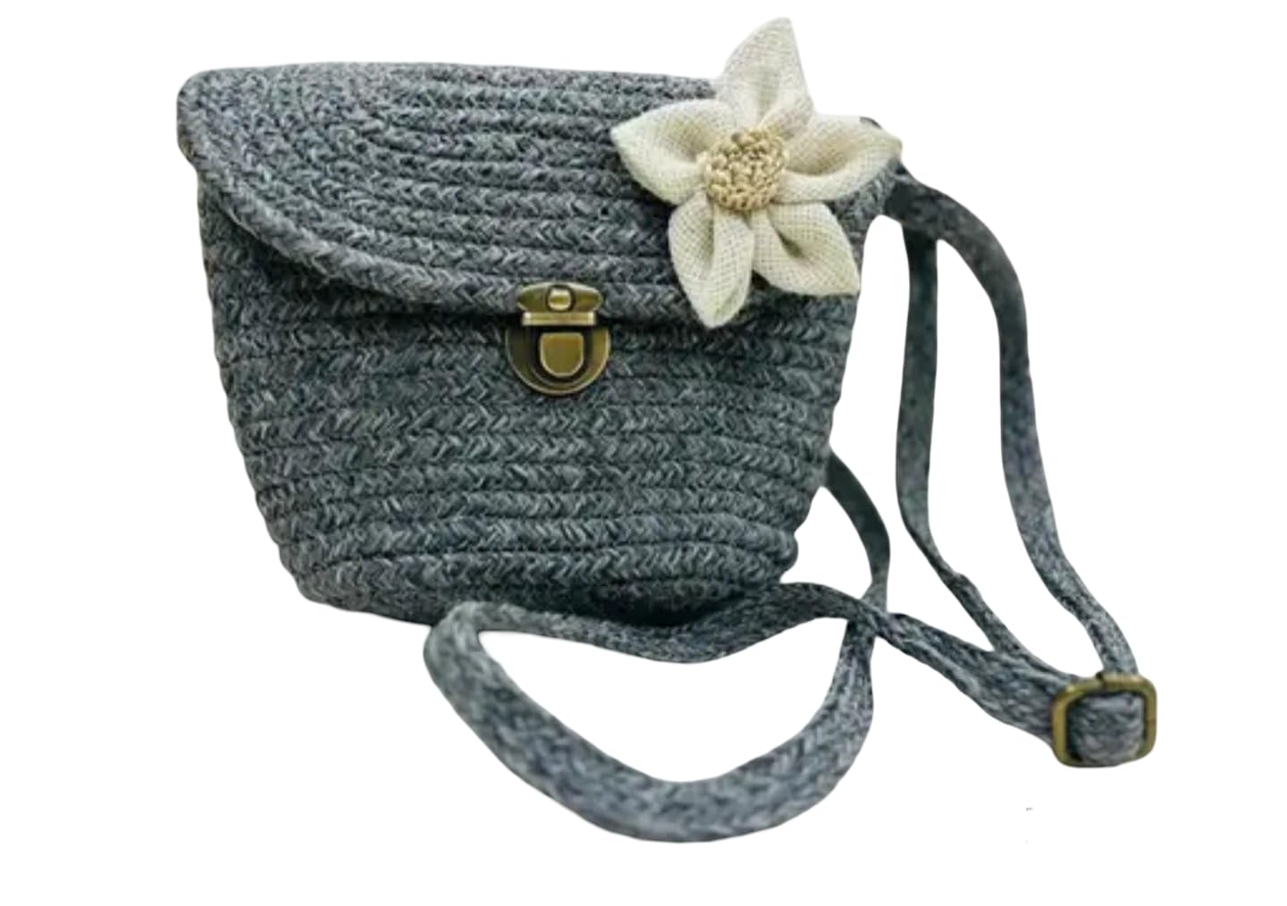 Borsa a tracolla in paglia intrecciata a mano, grigia con accenti di fiori bianchi, hardware in bronzo