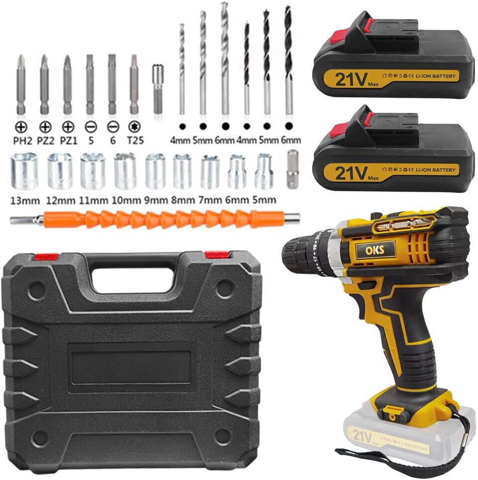 Cordless Drill Driver, 21V Electric Hammer Drill Screwdriver Kit with