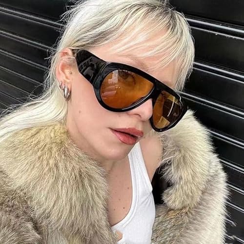 OSAGAMA Vintage Übergroße Sonnenbrille Ovale Pilot Brille Oversized Sunglasses für Damen Herren Schwarz (Tee)