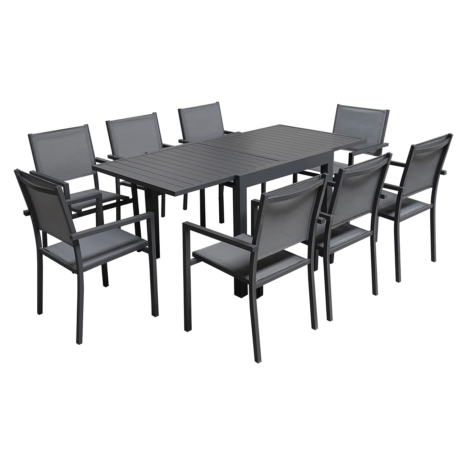 Salon de Jardin Venezia Extensible 90/180 en textilène Gris 8 Places - Aluminium Anthracite