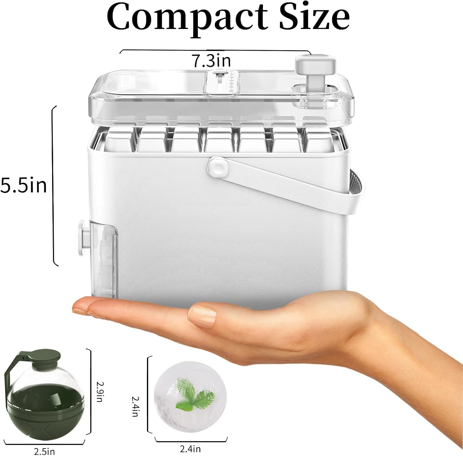 Compact Double Layer Ice Cube Tray with Lid and Bin, One-Click Demolding, Pull-Out Ice Drawer with Portable Handle, Includes 2 Large Ice Ball Molds (White)