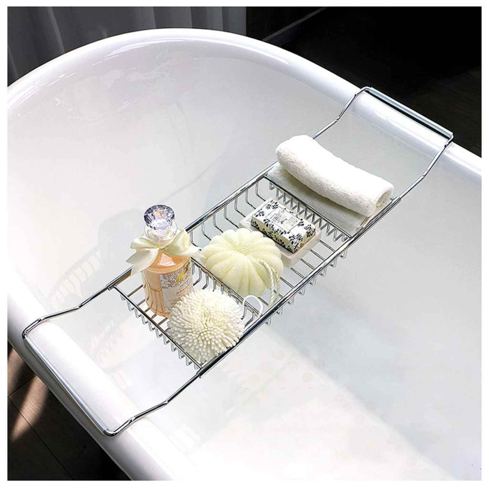 JKJZSALJ Adjustable Stainless Steel Bathtub Caddy Shelf 62-92Cm Retractable Spa Tray For Soap Towels Wine Glasses & Cards Non-Slip Design Stylish Gold Finish.-Silver