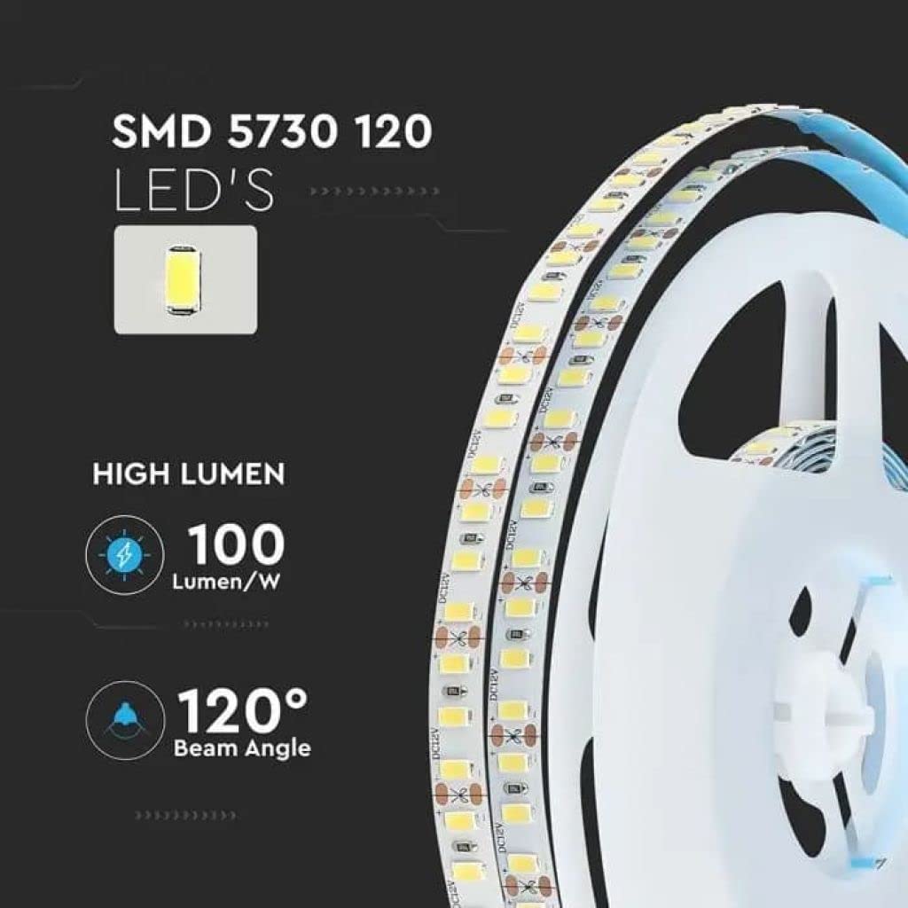 V-TAC Tira LED bobina de 5 metros 20 W por metro cinta luminosa SMD 5730 Color de la luz blanca fría 6500 K para interior con tira adhesiva, alimentada a 12 V.