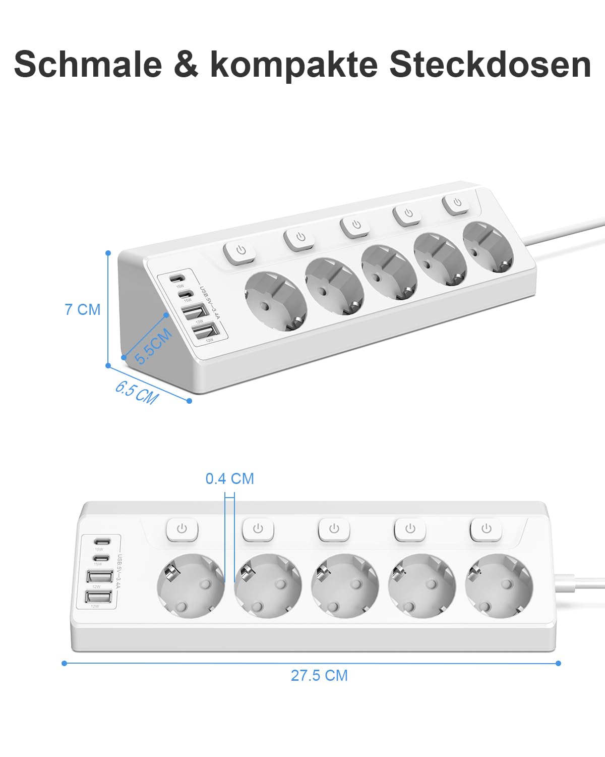 Regleta de esquina con interruptor independiente, regleta con 4 USB (2 USB C)+5 enchufes con seguridad para niños, 3680 W, cable de extensión de 2 m para cocina, oficina, hogar (color blanco)