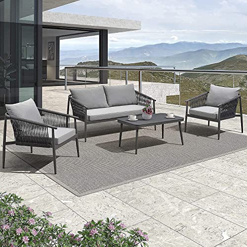 Image of DEVOKO 4 Seater Outdoor Rope Patio Sofa Set for Balcony, Backyard, Lawn, Garden, Indoor, Poolside, Deck (Black & Dark Grey)