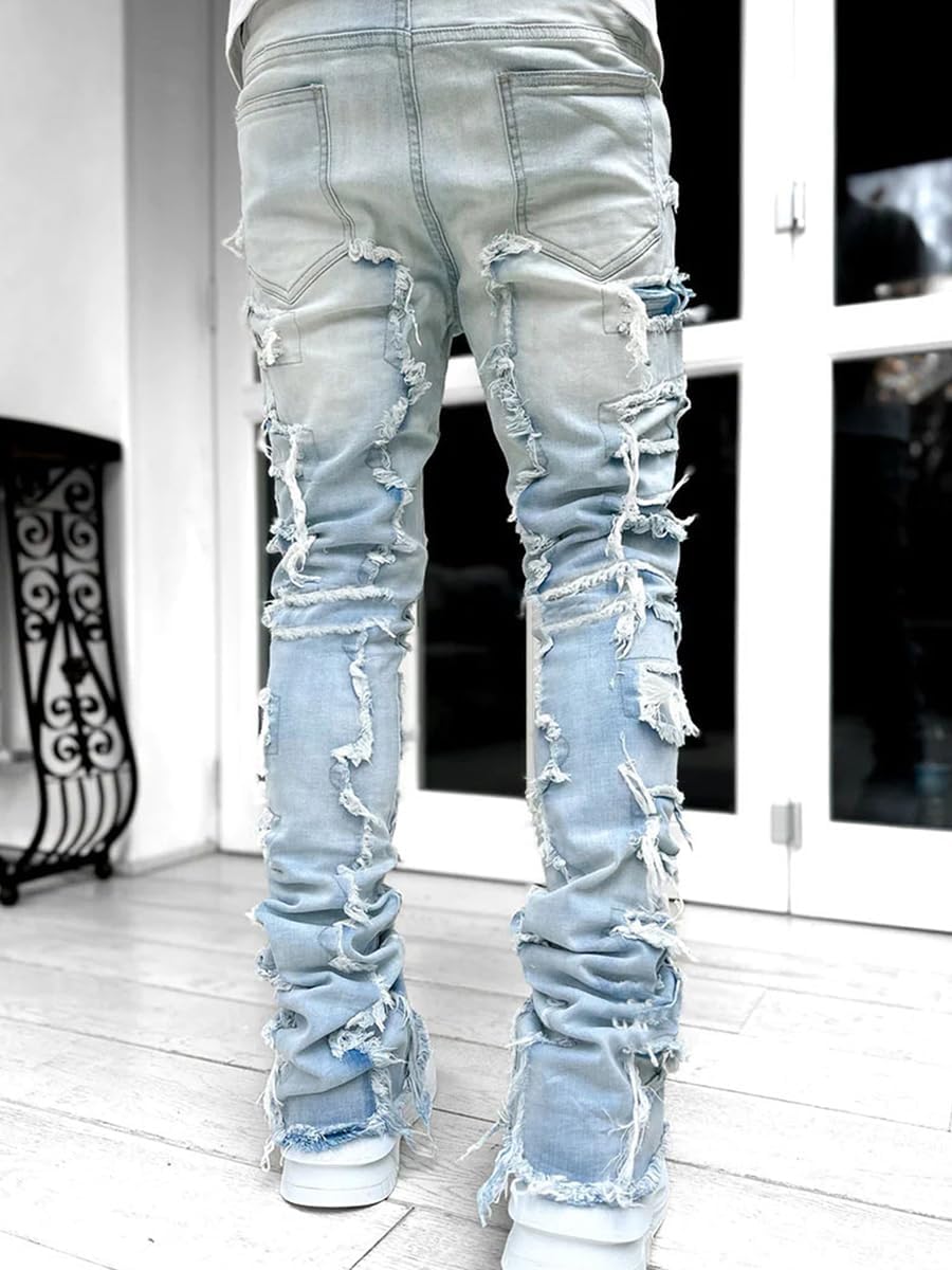 Stacked Jeans Men Skinny Ripped Jeans Slim Fit Denim Pants Y2K Goth Harajuku Emo Jeans Trouser