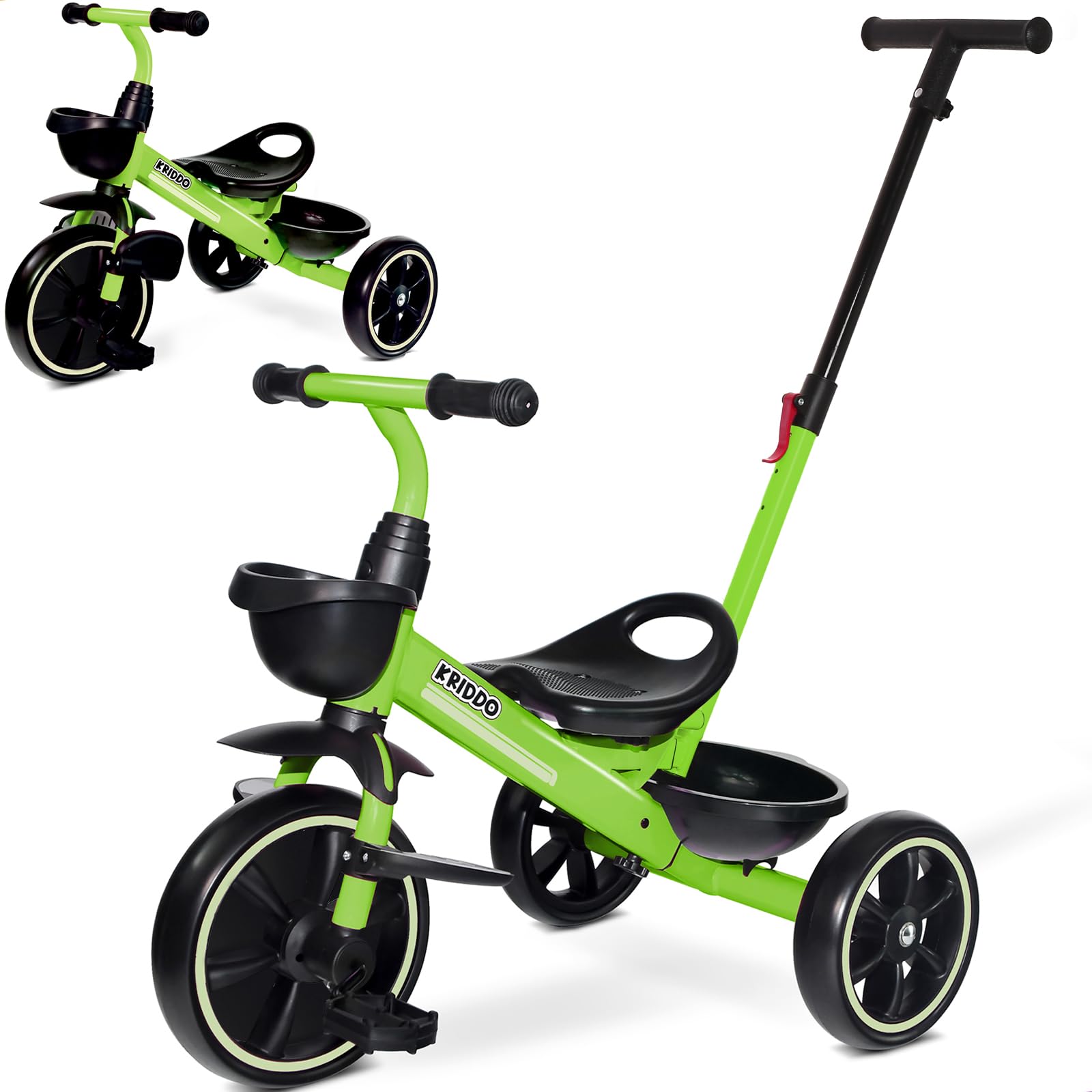KRIDDO 2-in-1 Toddler Tricycle for Ages 18 Months to 5 Years Old - Extended Push Handle for Effortless Push, Gift Trike for Toddler 3 to 5 Year, Kids Tricycle with Foldable Front Footrest, Green