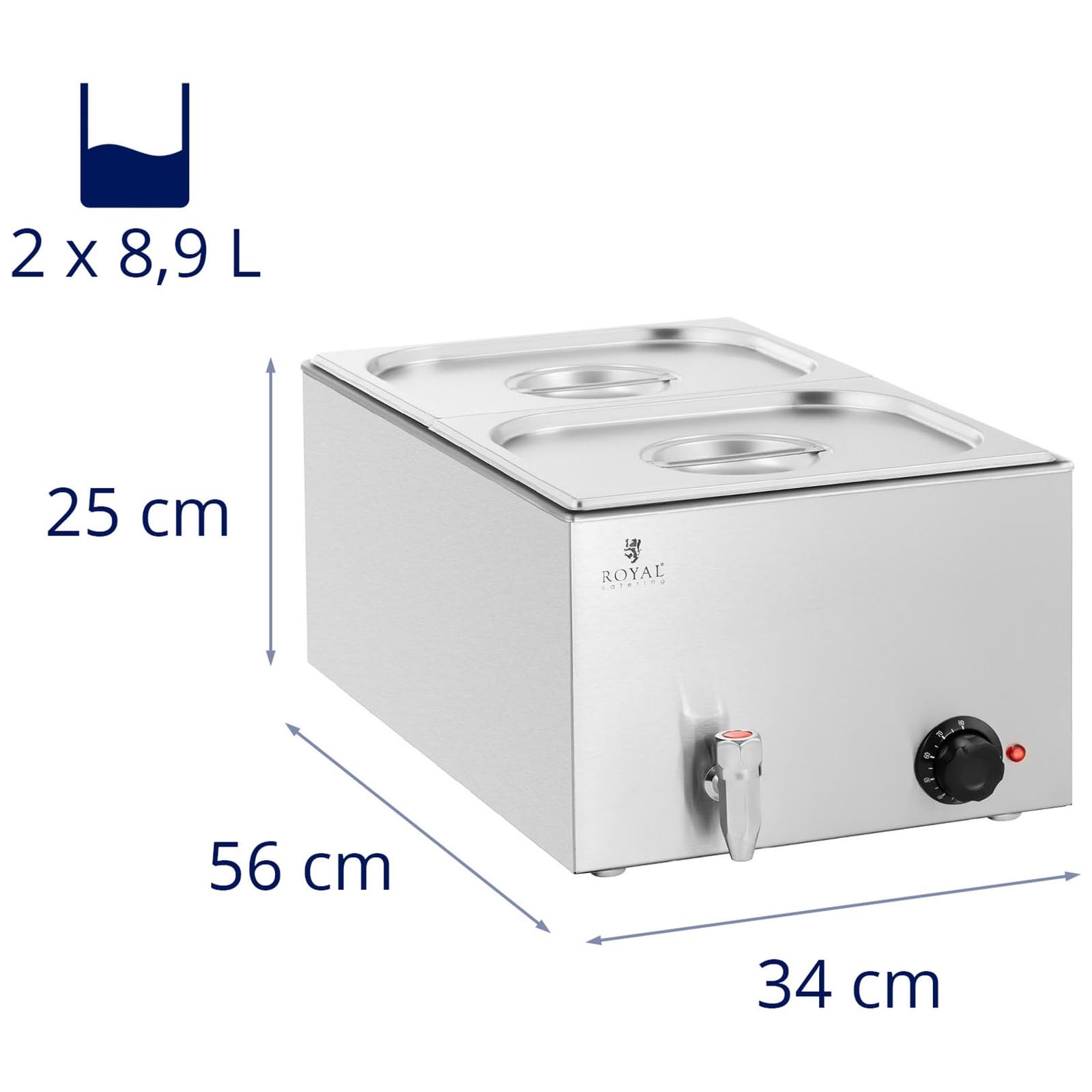 Royal Catering RCBM_GN1/2 Bain Marie 600 W 2 GN 1/2 rubinetto di scarico per bagnomaria scaldavivande