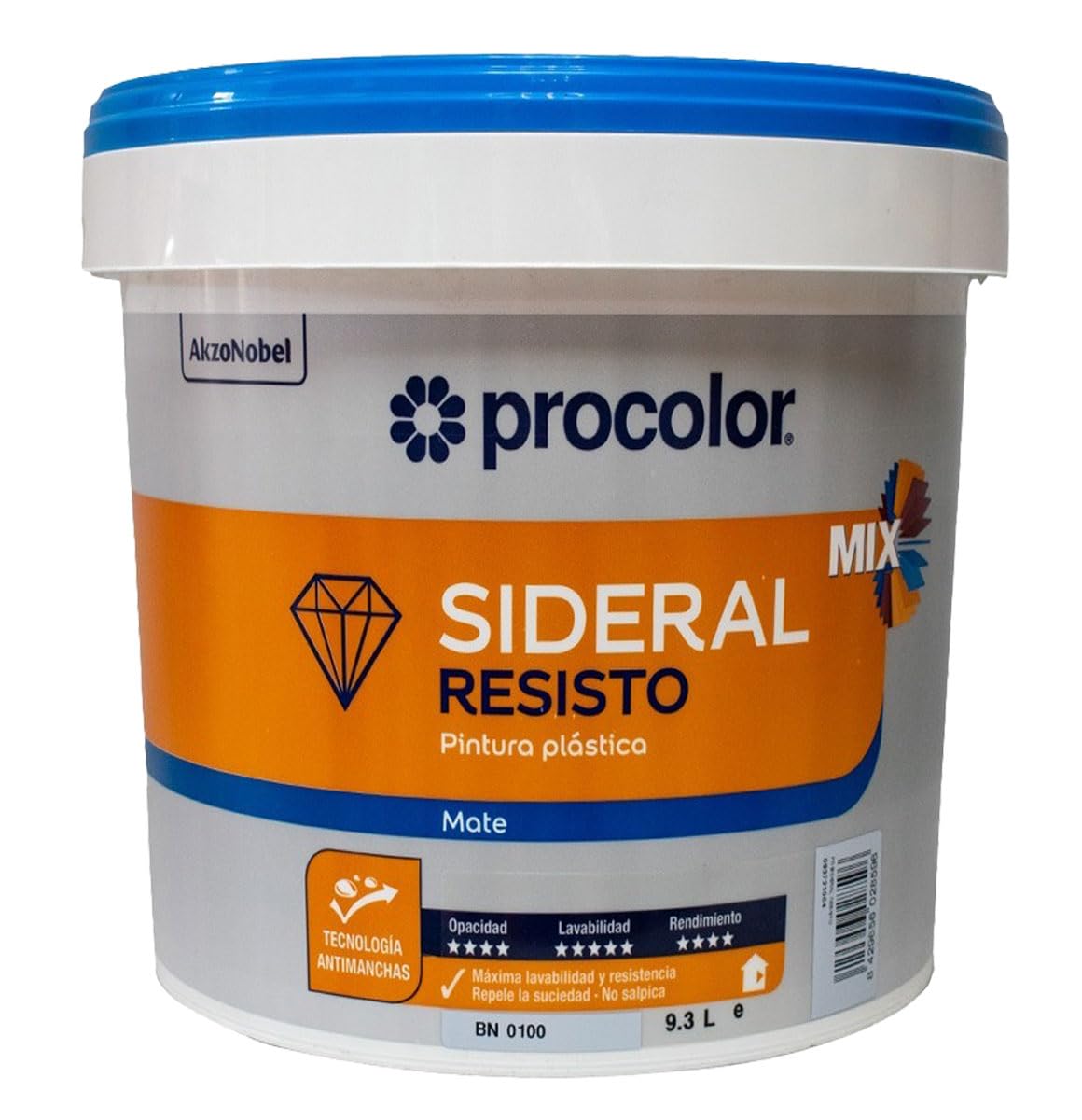 Pintura de interior y exterior antimanchas blanca Sideral Resisto, Alta resistencia, Excelente rendimiento de 11-13 m²/L. Alta lavabilidad, muy buena cubrición, protección antimoho. (4 Litros)
