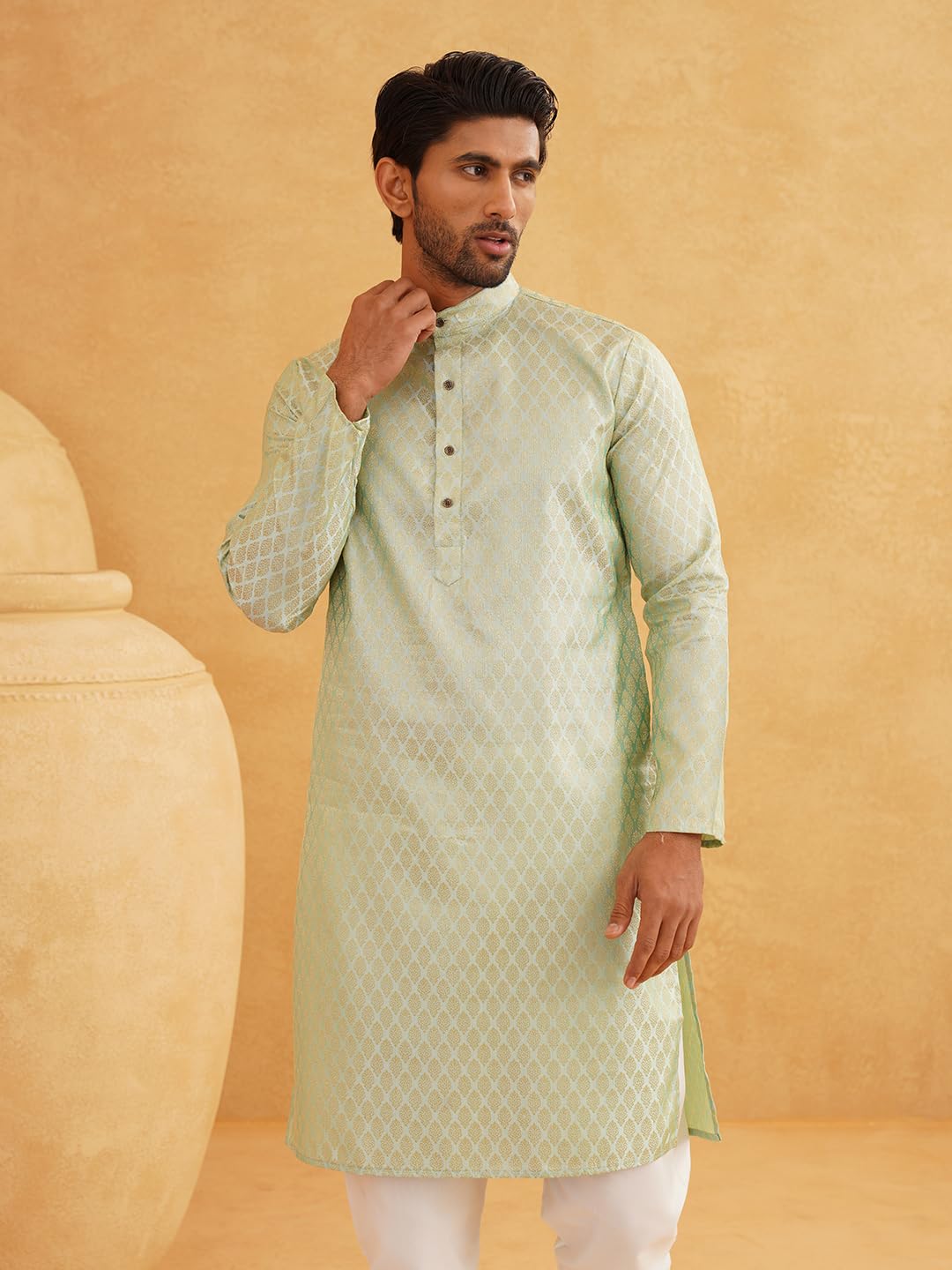 Sojanya (Since 1958 Men's Silk Blend Self Design Pista Green Only Long Kurta