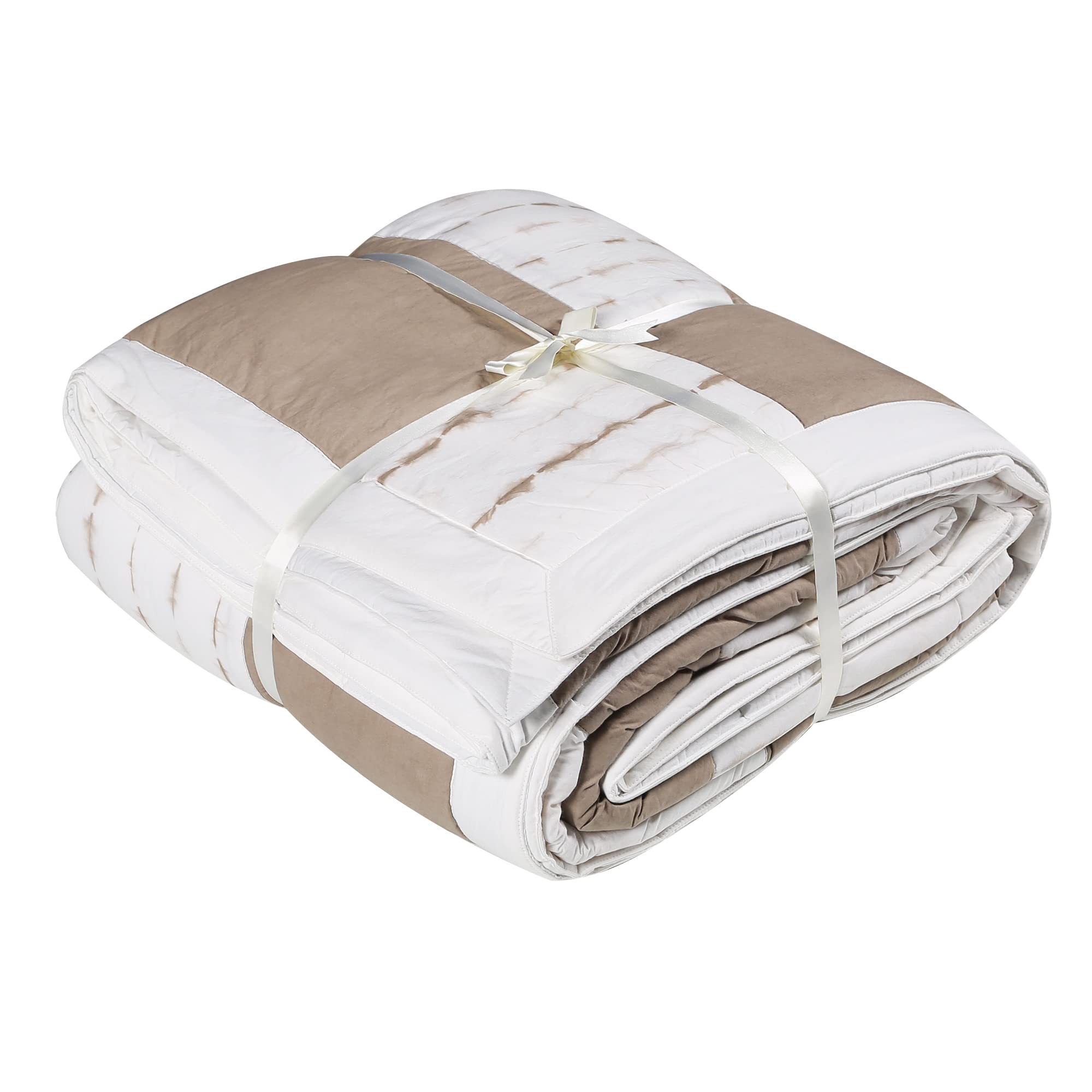 Premium Shibori Patchwork Quilt 100% Cotton Comforter Soft & Warm Machine Washable Double Bed Comforter King Size Comforter with PU Foam Interlining (Beige, 220 * 260CM)