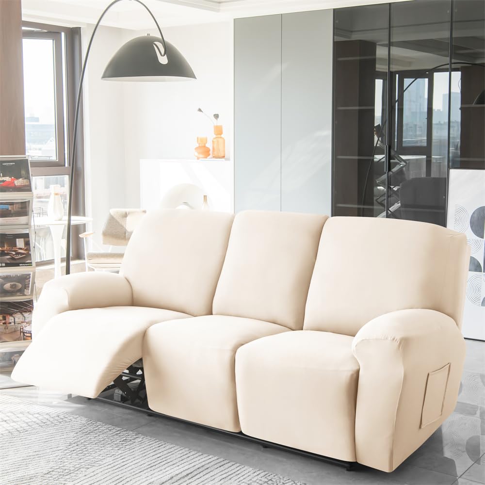 Highdi Funda de Sillón Relax Elástica para Sillón Reclinable, Impermeable Funda Reclinable Color Sólido con Bolsillos Laterales, Antideslizante y Lavables Fundas Protector (Beige,3 plazas)