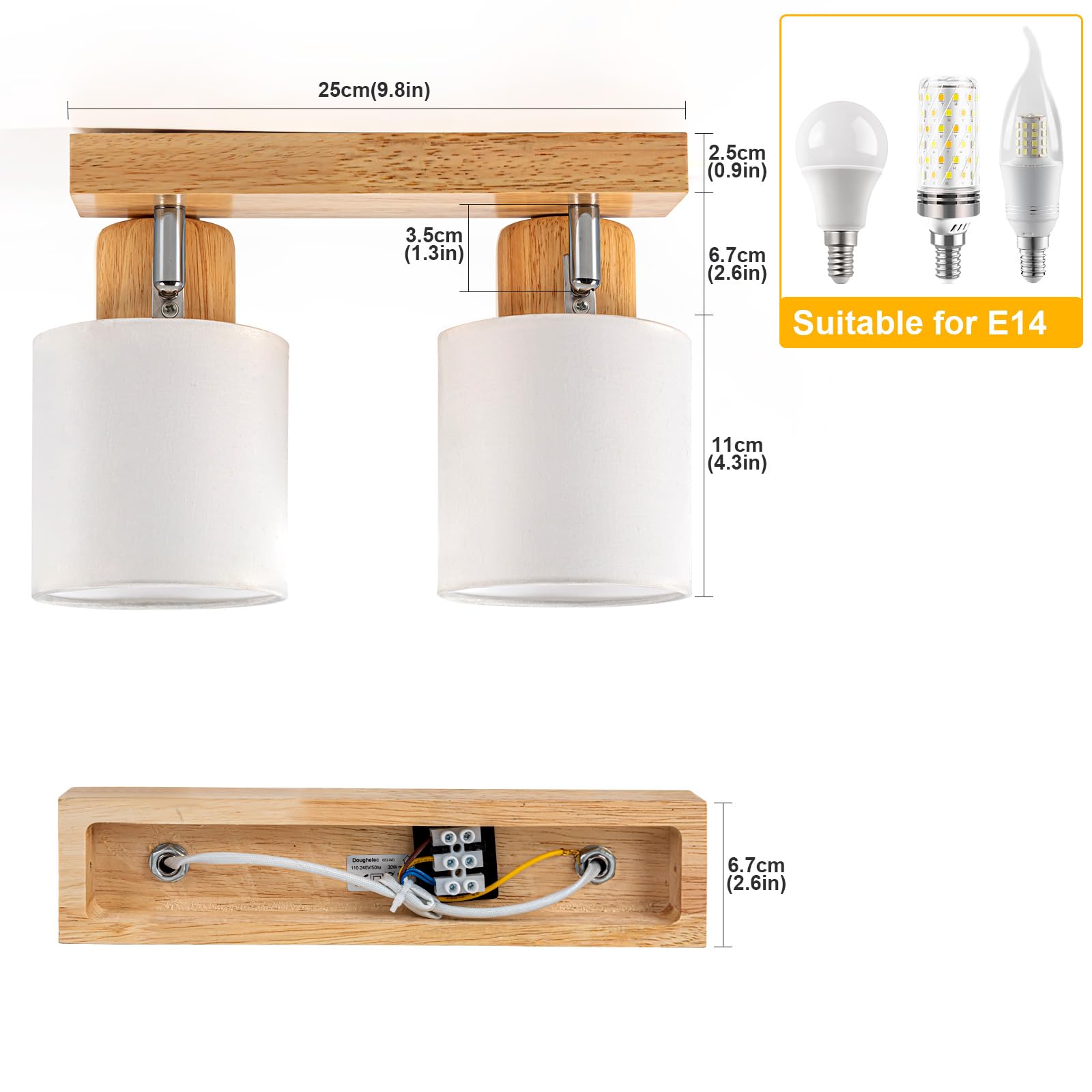 Deckenleuchte Deckenstrahler 2 Flammig Holz Vintage E14 Schwenkbar 350° MAX30W Stoff Wohnzimmer Schlafzimmer