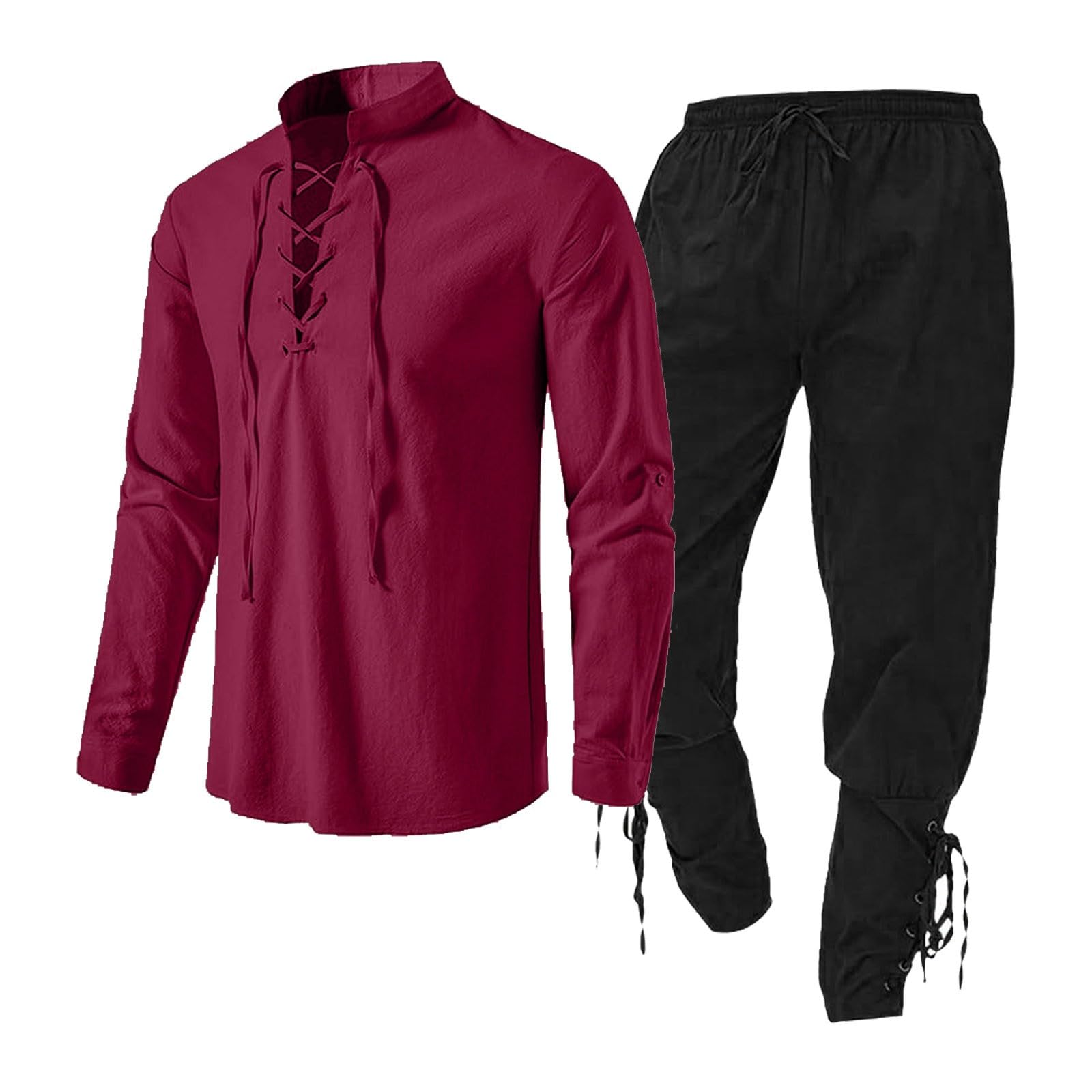 Medieval Men's Clothing Set, Linen Shirt and Pants with Ankle Straps Viking Costume Set Lace Up Tunic Top Outfit for Theme Parties Renaissance Fairs (Red, M)