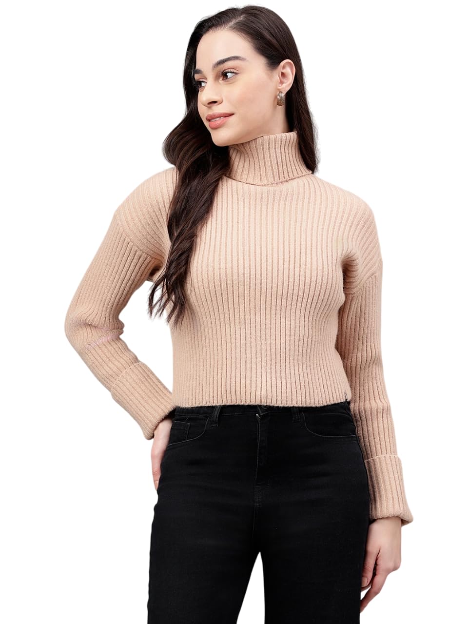 xpose Women Brown Solid Pullover,has a Turtle Neck, Long Sleeves, Straight Hem-picture-11