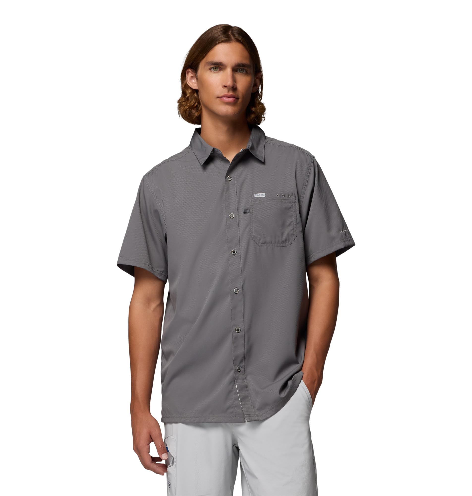 Columbia Men's Slack Tide Camp Shirt, Short Sleeve Shirt, City Grey, Small