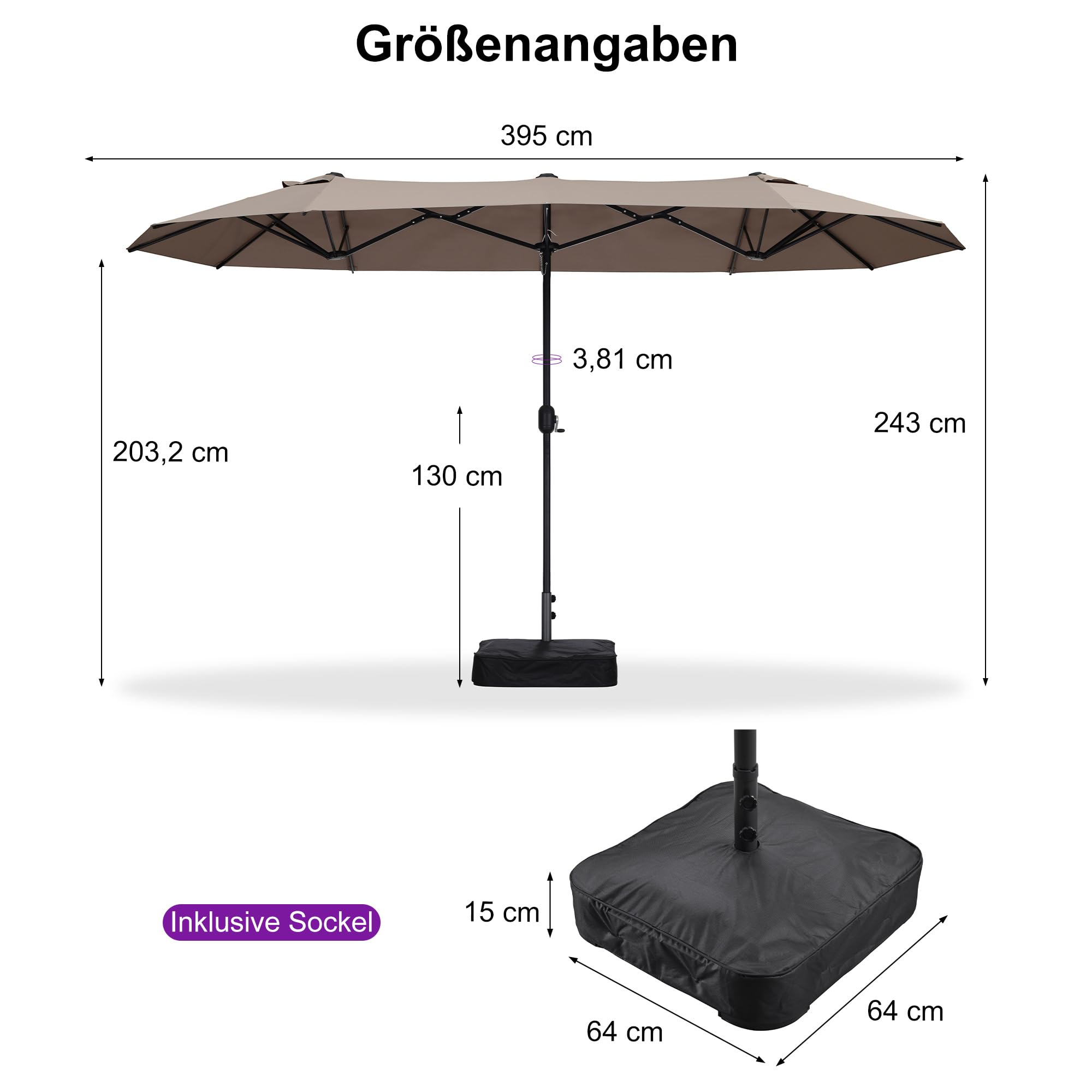 PURPLE LEAF Sonnenschirm Balkon 400 x 200 cm mit Kurbel UV-Schutz, Taupe | Komfortabler Sonnenschutz, Aluminiumgestell, UV-beständiges Gewebe, Langlebig, Für gewerbliche Zwecke geeignet