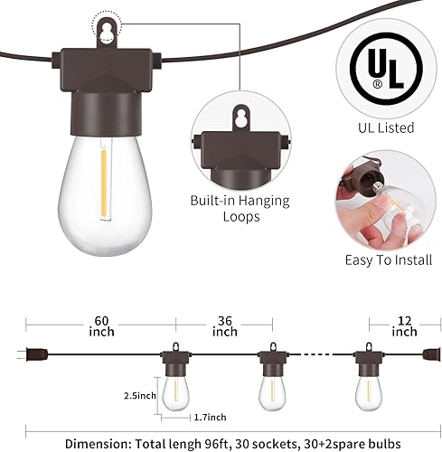 Miniatura 3 de Aialun Tira de luces LED para exteriores, 96 pies, luz de patio trasero exterior con bombillas Edison inastillables de 2700 K, resistente a la