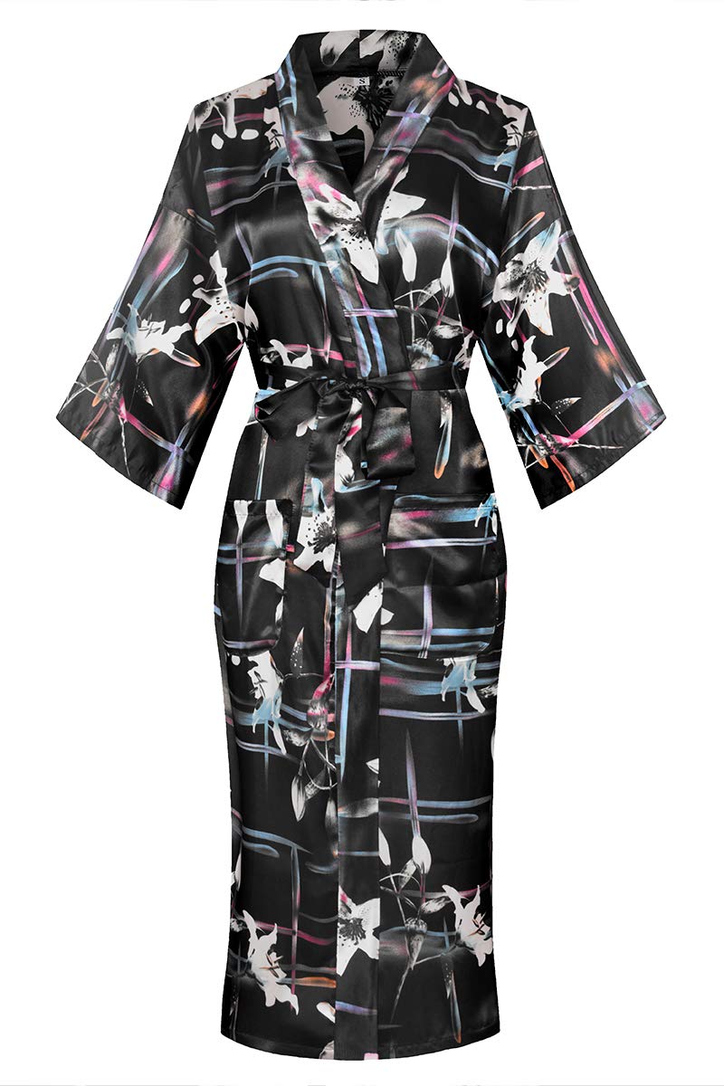 DandyChic Women's Long Floral Satin Robes Imitation Silk Sleepwear Bridal Dressing Gown for Bridesmaid Nightgown