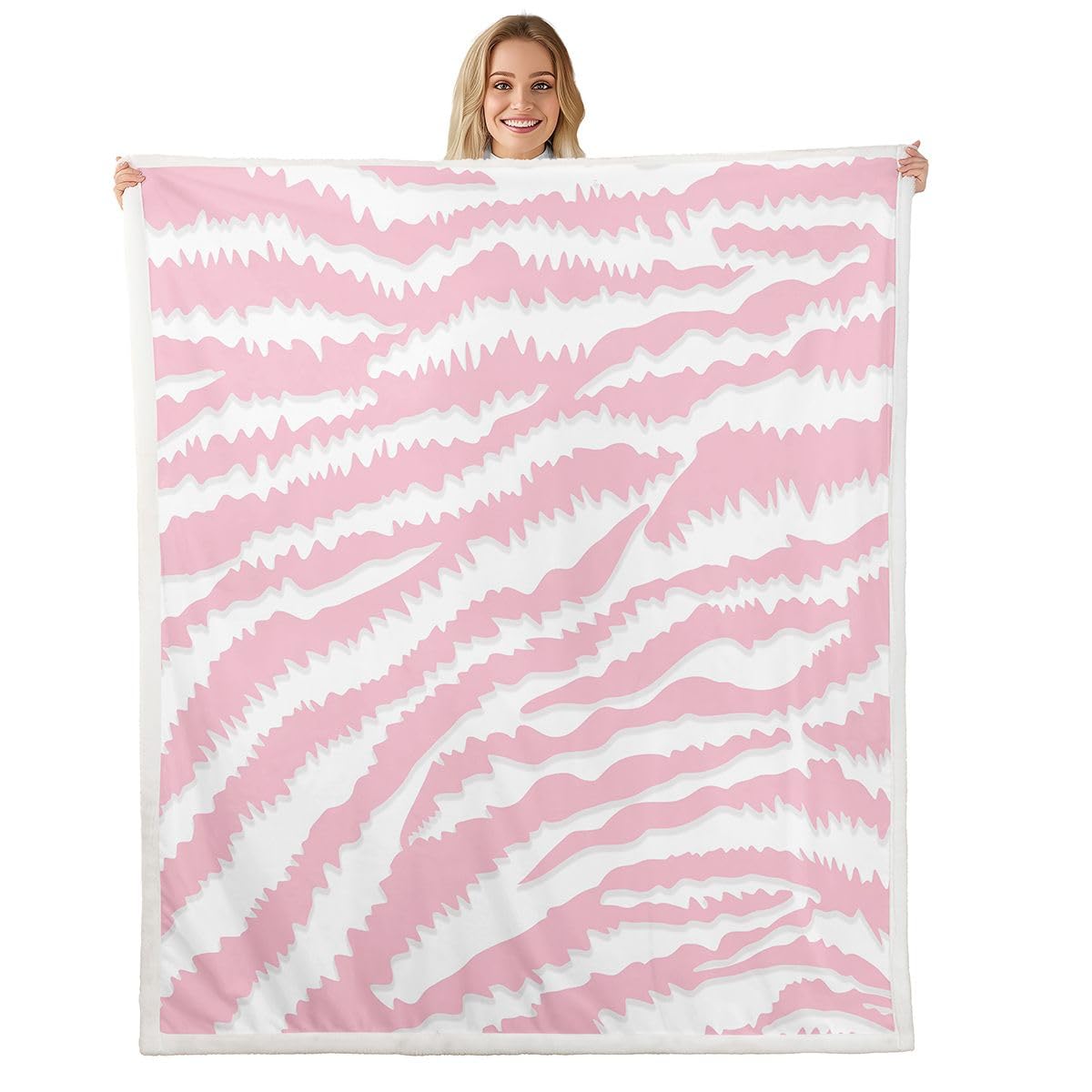 Homewish Różowy koc polarowy z nadrukiem zebry, podwójny, 152 x 203 cm, abstrakcyjne paski zebry, ciepły, pluszowy koc sherpa, efekt rozmycia, nadruk zwierzęcy, puszysty, pluszowy koc do salonu