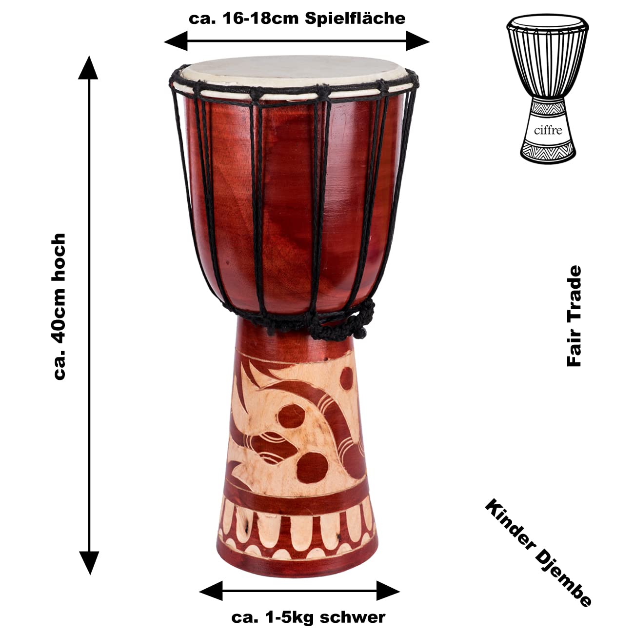 Djembe Trommel Bongo Drum Handtrommel Buschtrommel Percussion Kinder Fair Trade 40cm