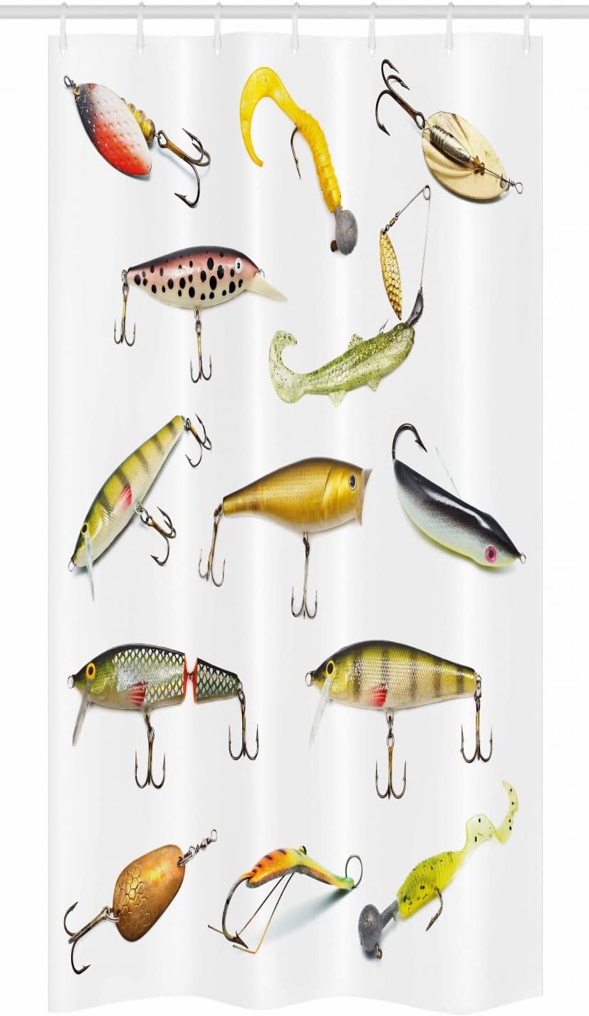 Ambesonne Fishing Stall Shower Curtain, Fishing Tackle Bait for Spearing Trapping Catching Aquatic Animals Molluscs Design, Fabric Bathroom Decor Set with Hooks, 36" W x 72" L, Yellow Green