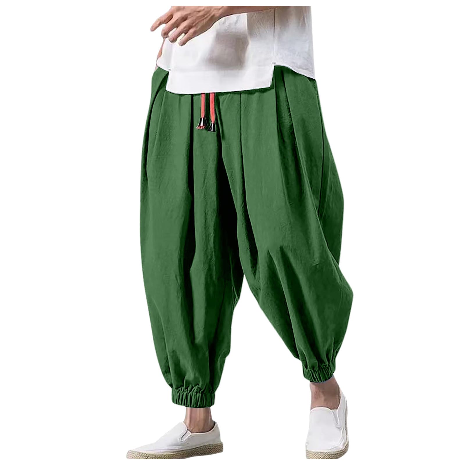 Generico Men's Japanese Trousers Lightweight Baggy Harem Pants Loose Casual Linen Trousers Men Summer Breathable Cotton Linen Long Trousers for Yoga and Beach - 4